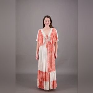 Ananta Elegant Coral, White & Gold Maxi Dress Boho Anthro Inspired Boutique NWOT
